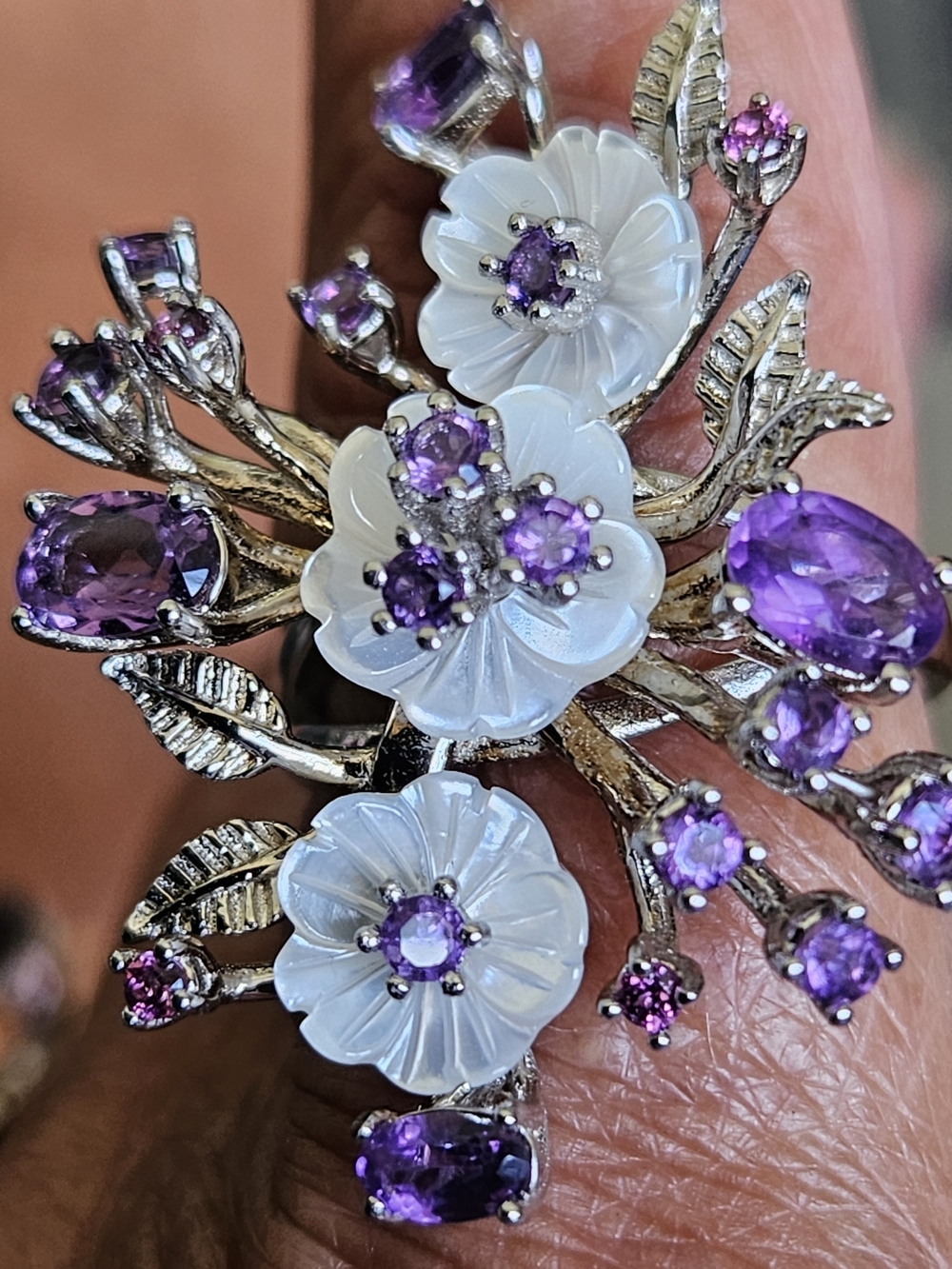 Amethyst, Mother of Pearl & Rhodolite Garnet Ring 925 Silver
